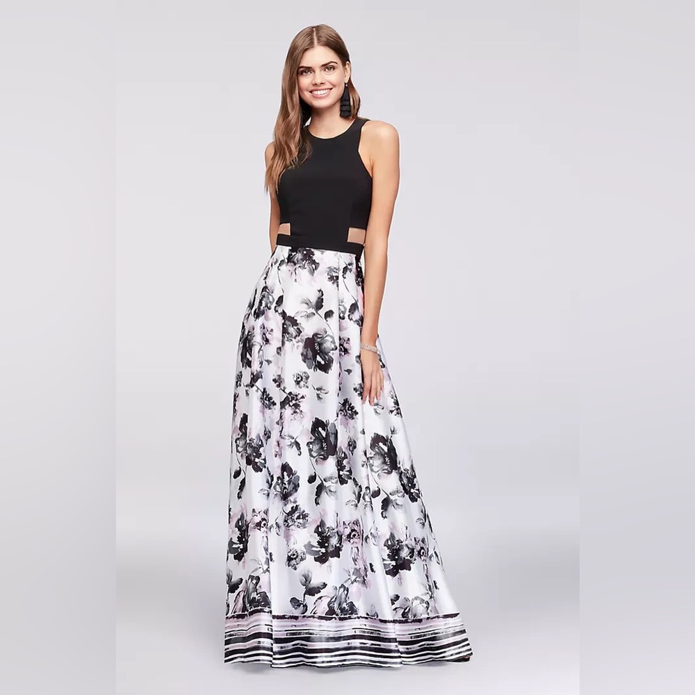 Blondie Nites by Stacy Sklar Illusion Cutout Gown w/ Printed Charmeuse Skirt